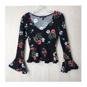Derek Heart Black Small Floral Peplum Hem Top
